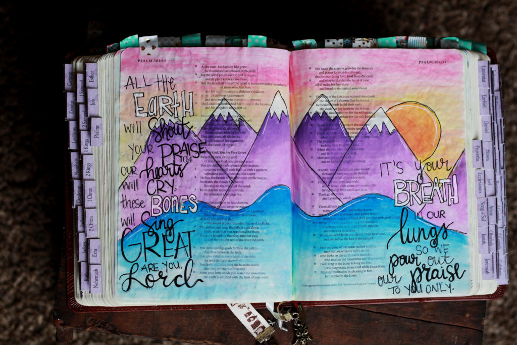 Photo of Bible journaling page featuring mountains 