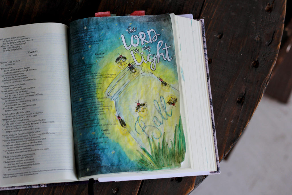 Photo of a Bible journaling page on light featuring fireflies