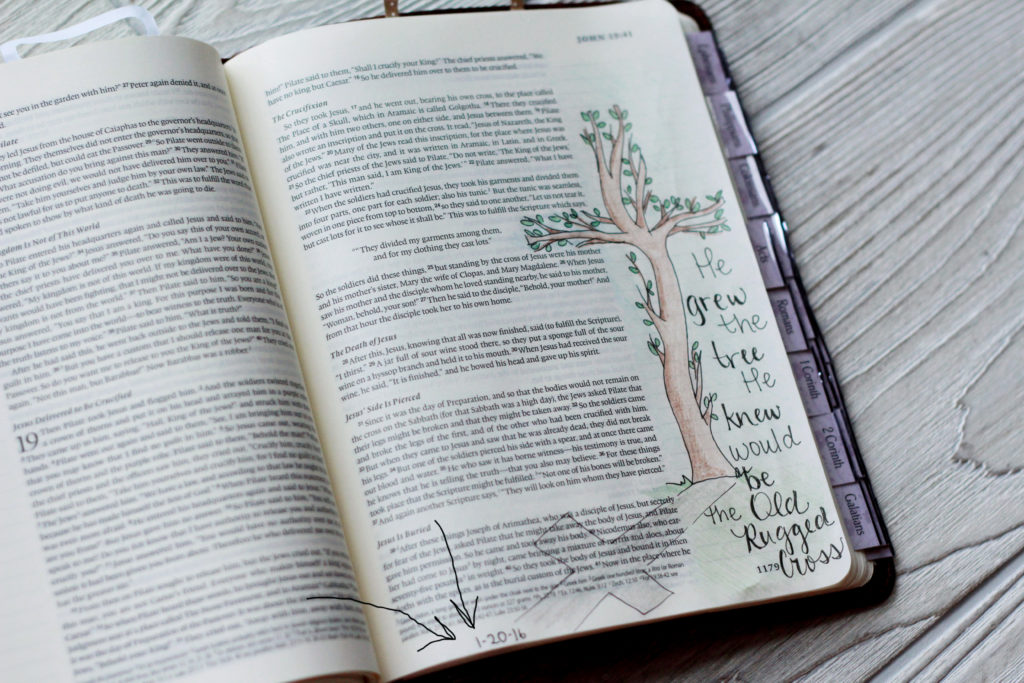 Photo of a Bible journaling page of a tree and the cross