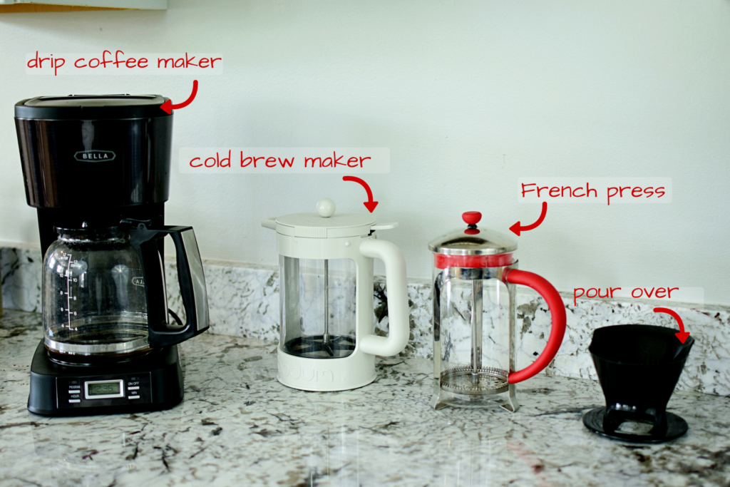 graphic showing different types of coffee makers such as drip coffee maker, cold brew maker, French press, and pour over coffee maker